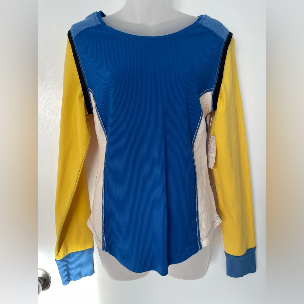 Free People Long Sleeve Top Size L Blue Yellow